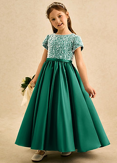 Azazie Cashew Robe Demoiselle D'honneur Fillette Robe Princesse en Mat Satiné avec manches émeraude image3