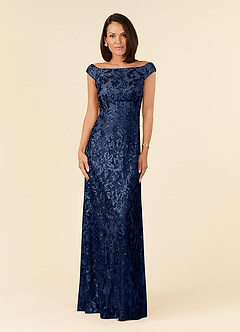 Azazie Porcelain At-home Try On Dresses Dark Navy A-Line Off the Shoulder Lace Dress image1