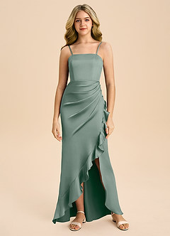 Azazie Buzzy Junior Silver Sage Sheath Pleated Stretch Satin Dress image3