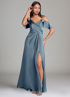 Azazie Dakota Vestidos de damas de honor Vestido de Azul Polvoriento de Satén Elástico de Corte en A con Vestidos sin tirantes image4