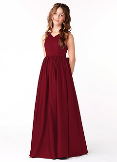 Azazie Hathaway Junior Burgundy A-Line Bow Matte Satin Dress image3