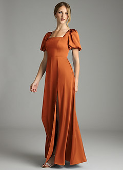 Azazie Fyona Bridesmaid Dresses Cinnamon A-Line Pleated Stretch Satin Dress image4
