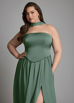 Azazie Cadence At-home Try On Dresses Eucalyptus A-Line Corset Stretch Satin Convertible Dress image16