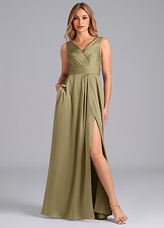 Azazie Karina Robes de demoiselle d'honneur Robe Trapèze en Satin extensible Plissée Vert Mousse image1