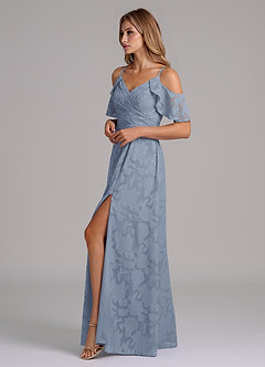 Azazie Dakota 신부 들러리 드레스 A라인 오프 더 숄더 플로럴 번아웃 바닥 길이 드레스 image6