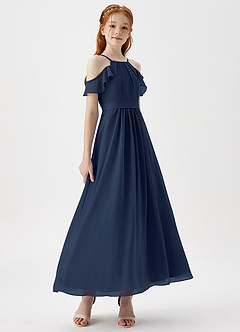 Azazie Chaya Junior Dark Navy A-Line Off the Shoulder Chiffon Dress image6