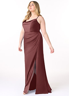 Azazie Marzia Vestidos de damas de honor Vestido de Acai de Satén Elástico de Recto con Cuello V Plisado image9