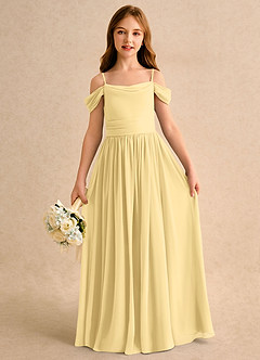 Azazie Shia Girls Formal Robe Demoiselle D'honneur Fillette Robe Trapèze en Mousseline de soie Épaules dénudées Beurre image1
