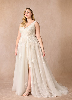 Azazie Joie Abiti da Sposa Abito A-Line in Tulle con Scollo a V e Paillettes Diamante Bianco Nudo image9