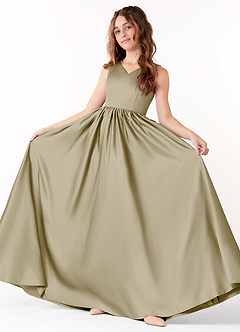 Azazie Hathaway Junior Moss Green A-Line Bow Stretch Satin Dress image2