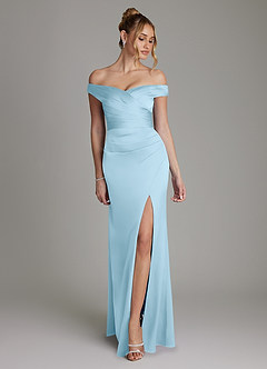 Azazie Teyana Bridesmaid Dresses Sky Blue Sheath Off the Shoulder Stretch Satin Dress image1