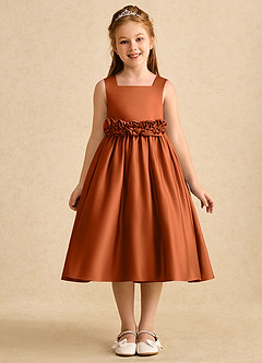Azazie Peaches Flower Girl Dresses Burnt Orange A-Line Bow Matte Satin Dress image1