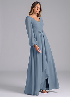 Azazie Omari Bridesmaid Dresses Dusty Blue A-Line Long Sleeve Chiffon Dress image5