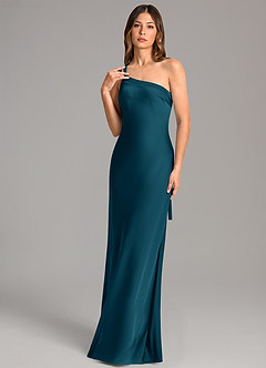Azazie Monroe Bridesmaid Dresses Ink Blue Mermaid One Shoulder Stretch Satin Dress image1