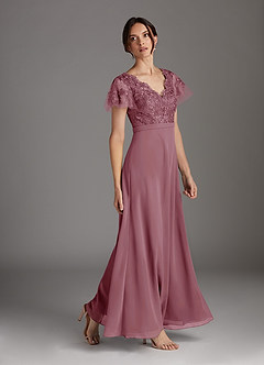 Azazie Singer Mother of the Bride Dresses Vintage Mauve A-Line V-Neck Lace Chiffon Dress image3