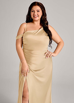 Azazie Madelyn Bridesmaid Dresses Gold Mermaid One Shoulder Stretch Satin Convertible Dress image10