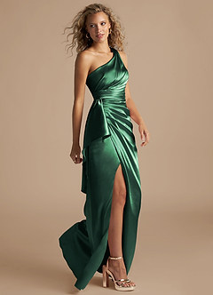 Azazie Maive Bridesmaid Dresses Dark Green Sheath Ruched Metallic Satin Dress image5