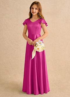 Azazie Nari Girls Formal Robe Demoiselle D'honneur Fillette Robe Trapèze en Satin extensible avec manches Fuchsia image4