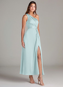 Azazie Brooke Robes de demoiselle d'honneur Robe Trapèze en Satin extensible Asymétrique Brume image4