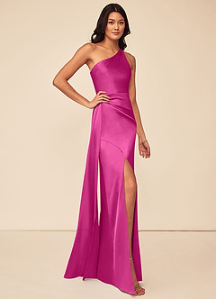 Azazie Maron Abiti da Damigella Abito A-Line in Raso Elasticizzato Monospalla Fucsia image3