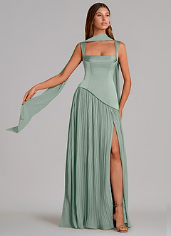 Azazie Stephanie Bridesmaid Dresses Agave A-Line Pleated Stretch Satin Dress image1