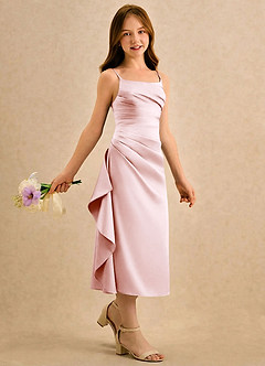 Azazie Canna Girls Formal Robe Demoiselle D'honneur Fillette Robe Trapèze en Satin extensible Plissée Rose Pâle image3