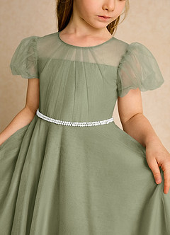 Azazie Duckie Abiti da Ragazza di Fiori Abito Principessa in Tulle Plissettato Pistacchio image6
