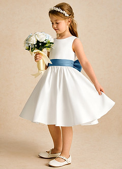 Azazie Sosie Flower Girl Dresses Ivory Steel Blue A-Line Pleated Matte Satin Dress image3