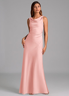 Azazie Nerine Bridesmaid Dresses Powder Pink A-Line Pleated Stretch Satin Dress image3