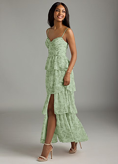 Azazie Kaiden Robes de demoiselle d'honneur Robe Trapèze en Mousseline de soie Encolure en Forme de Cœur Fougère Verte Florale image4