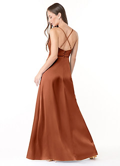 Azazie Naomie Bridesmaid Dresses Cedar Rose A-Line Cowl Neckline Side Slit Stretch Satin Dress image2