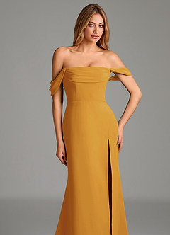 Azazie Riley Bridesmaid Dresses Butterscotch Sheath Off the Shoulder Chiffon Convertible Dress image2
