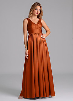 Azazie Keyla Bridesmaid Dresses Burnt Orange A-Line Pleated Stretch Satin Dress image5