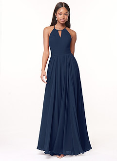 Azazie Cherish Robes de demoiselle d'honneur Robe Trapèze en Mousseline de soie Plissée Bleu Marine Foncé image4