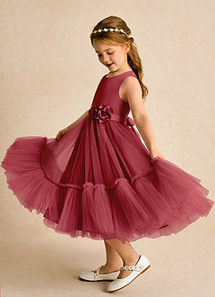 Azazie Miracle Flower Girl Dresses Pomegranate A-Line Bow Matte Satin Dress image1