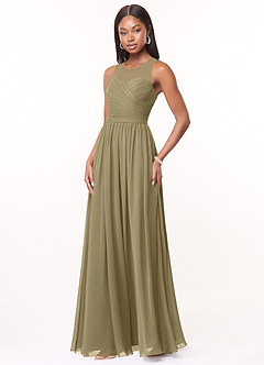Azazie Nina Abiti da Damigella Abito A-Line in Chiffon Plissettato Verde Muschio image4