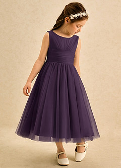 Azazie Macaron vestidos de niña de las flores Vestido de Ciruela de Tul de Corte en A con Plisado image1