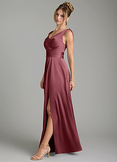 Azazie Karina Bridesmaid Dresses Desert Rose A-Line Pleated Stretch Satin Dress image3