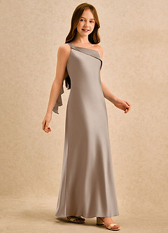 Azazie Almond Girls Formal Jurken voor bloemenmeisjes Kokerjurk Jurk van Stretch Satijn One-shoulder Taupe image5