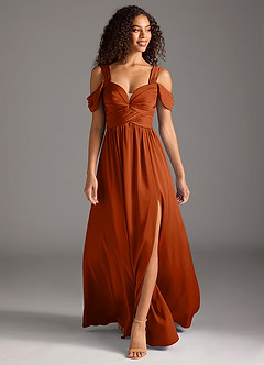 Azazie Lianne Bridesmaid Dresses Burnt Orange A-Line Off the Shoulder Stretch Satin Dress image3