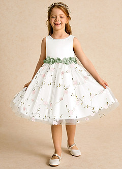 Azazie Starri vestidos de niña de las flores Vestido de Rosa Ruborizado Salvia Polvorienta de Satin Mate de Princesa con Perla image4