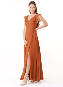 Azazie Yoko Bridesmaid Dresses Cinnamon A-Line Ruched Chiffon Dress image3