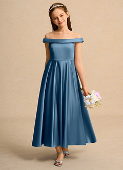 Azazie Teeny Girls Formal Sukienki dla dziewczynek sypiących kwiaty Linia A Pofałdowany Matowy satynowy Długość kostki Sukienka image3