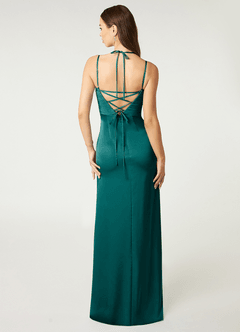 Azazie Desi Vestidos de damas de honor Vestido de Pavo Real de Satén Elástico de Corte Recto con Corsé Halter image3