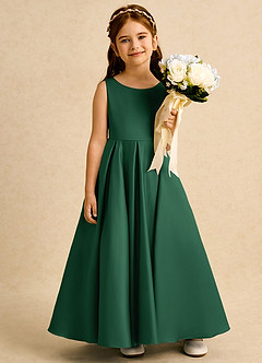 Azazie Pepper vestidos de niña de las flores Vestido de Verde Oscuro de Satin Mate de Corte En A con Plisado image6