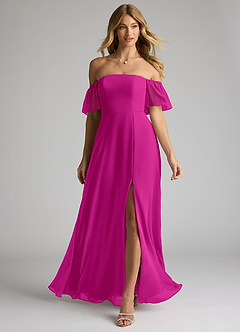 Azazie Sue Robes de demoiselle d'honneur Robe Trapèze Convertible en Mousseline de soie Épaule décolletée Fuchsia image1