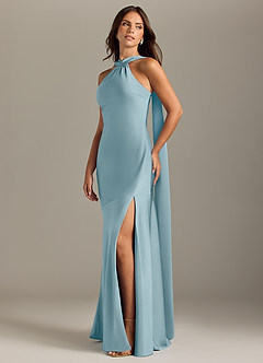 Azazie Kinsley Vestidos de damas de honor Vestido de Azul Malhumorado de Satén Elástico de Corte Sirena con Corte Lateral image3