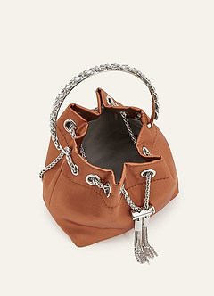 front Crystal Hoop Handle Satin Bucket Bag