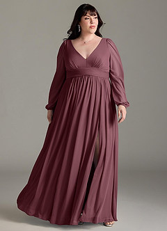 Azazie Norah Bridesmaid Dresses Sangria A-Line V-Neck Long Sleeve Chiffon Dress image6