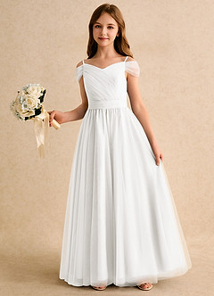 Azazie Yuna Junior Formal Blumenmädchenkleider A-Linie Schulterfrei Tüll Kleid Elfenbein image5